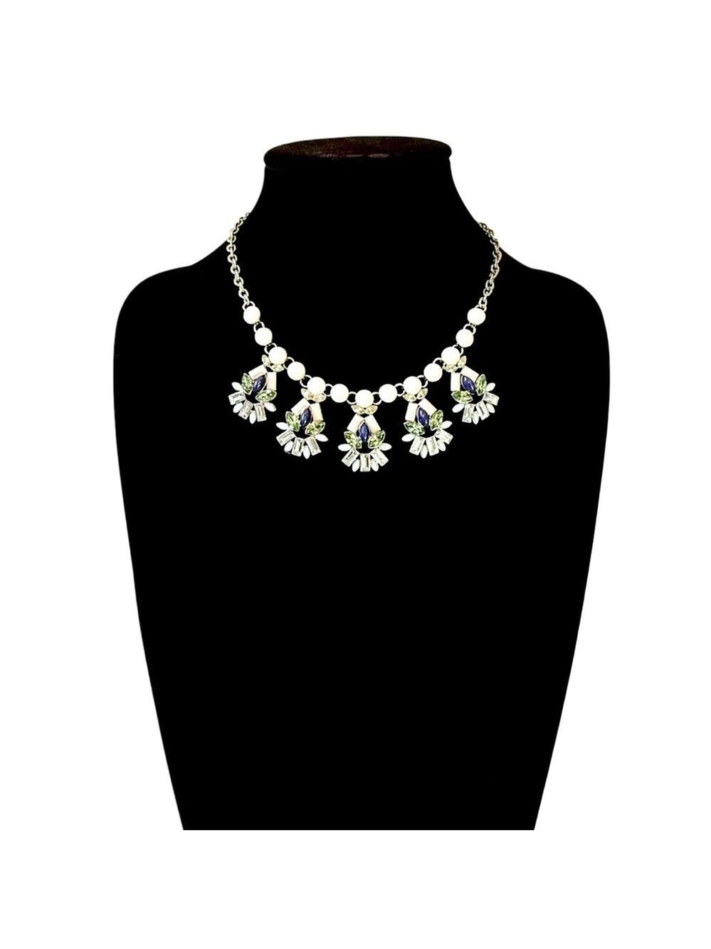 AQUA White & Silver Crystal Bib Necklace | Green & Blue Sparkle Accents | NWT